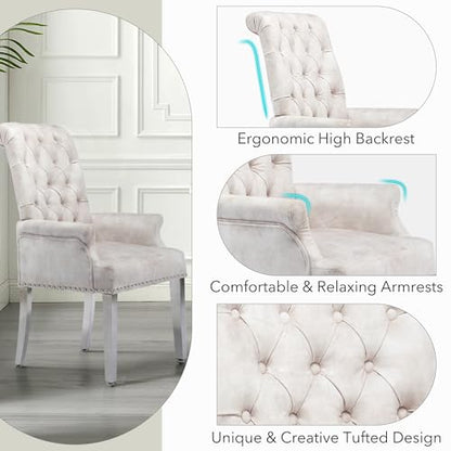 Velvet Dining Chairs with Arms, Upholstered Dining Room Chairs, Beige | Upholstered, High Back, Tufted, Luxurious, Stainless Steel Leg, for Kitchen & Dining Room - color: Beige, size: 1 PCS
