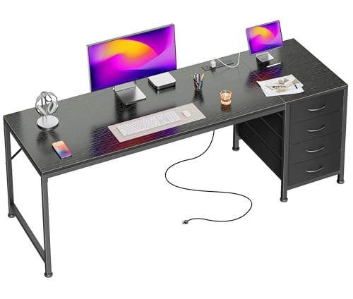 63 Inch Computer Office Desk with Power Outelts and USB-C Port, Reversible Gaming Desk with 4 Fabric Drawers, Work Study Desk Work from Home, Black - color: Black, size: 63 inch