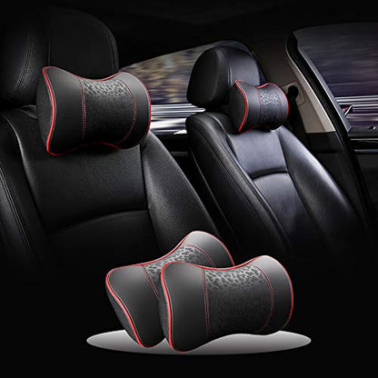HAOTULE Car Leather Neck Pillows, Neck Rest Cushions,100% Memory Foam Cervical Support, Comfortable Travel car Seats and Home Office Soft Pillows, Red a Set (2 pcs) - color: Red