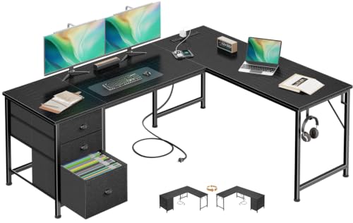 Furologee 63" L Shaped Desk with Power Outlets & USB-C Port, Reversible Corner Computer Desk with 3 Fabric Drawers, Hooks, Home Office Desk for Gaming, Writing, Work, Black - color: Black