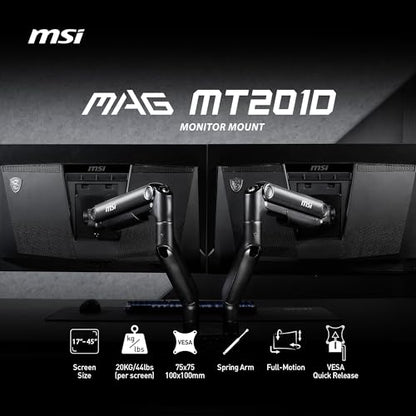 MSI MAG MT201D - Premium Heavy Duty Dual Monitor Stand Arms, 17-45" Support, VESA Compatible, Adjustable Spring Mount, 44 lbs per Screen, Clamp & Grommet, Quick Release Plate - Black - color: Black