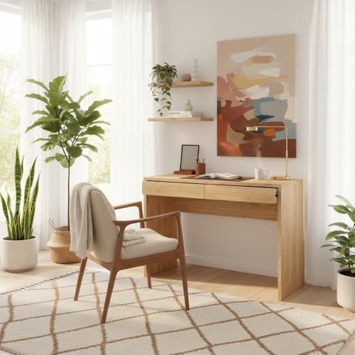 Furnifact Brown Wood Desk with Drawers, Writing Desk with Drawers for Home Office, Elegant Computer Study Table for Bedroom or Work from Home