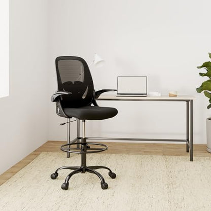 Primy Drafting Chair Tall Office Chair with Flip-up Armrests Executive Ergonomic Computer Standing Desk Chair with Lumbar Support and Adjustable Footrest Ring (Black) - color: Black, size: 934-Z