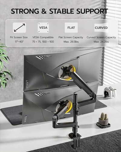 ARES WING Dual Monitor Mount - 17 to 40 Inch Screen Monitor Arm, Black | Ultrawide Monitor Arm for Heavy Duty Curved Screen up to 26.4 lbs with Clamp/Grommet Desk Mount, 75/100 Vesa Mount - size: Dual Monitor Arm