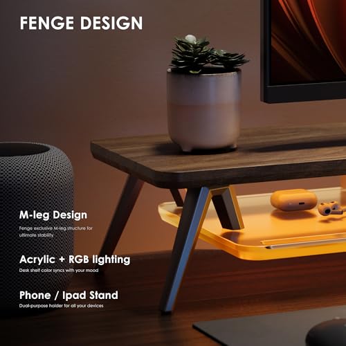 Fenge Dual Monitor Stand with 8-Mode LED Lights and Frosted Shelf, Brown | Sturdy Aluminum Legs, Built-In Phone & Tablet Slot, 2-Tier Storage, 42.5-Inch Desk Shelf for Gaming, Home Office & Streaming - color: Brown