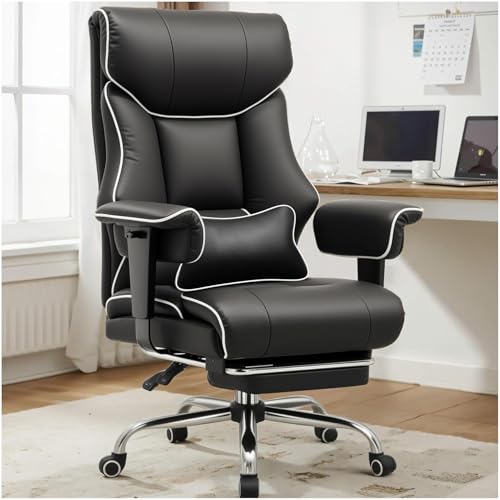 COMHOMA Big and Tall Office Chair 400lbs High Back Gaming Chair with Ergonomic Lumbar Support & Pocket Spring Cushion for Lower Back Pain Relief, Leather Executive Chair with Foot Rest, Iron Black - color: Iron-black