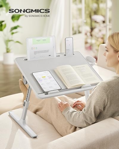 SONGMICS Bed Laptop Desk, Foldable Bed Desk for Laptop, 15.7 x 22 Inches Large Desktop, 120° Stepless Tilt, Adjustable Height, Cup Holder, Tray, Portable Bed Sofa Table, Gray ULLD113GZ01 - color: Gray