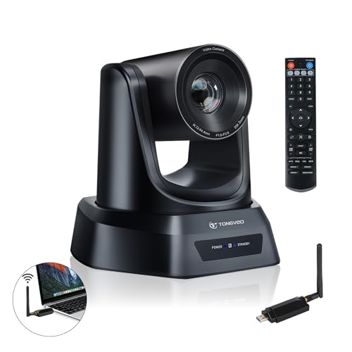 TONGVEO Wireless AI PTZ 20X Zoom Camera with Auto-Tracking: Built-in 5.8GHz Receiver for Cable-Free Setup, 1080P 60fps Conference Camera for Church Services, Online Classes & Hybrid Meetings - color: Gloss