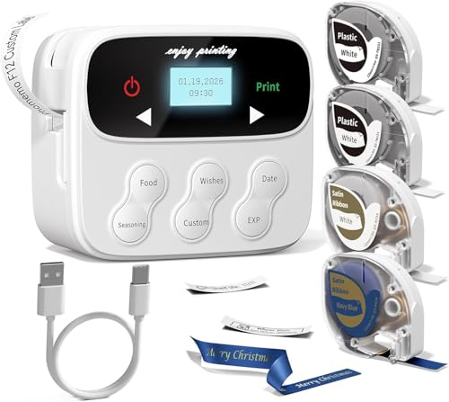 Phomemo F12 Ribbon Label Printer, Magnetic Label Maker Machine with 4 Tapes | No Typing Required, One-Click Printing, Handheld Rechargeable Backlit-LCD Screen for Home Food School Gift Wrapping Fridge - style: 1 Printer with 4 Tapes