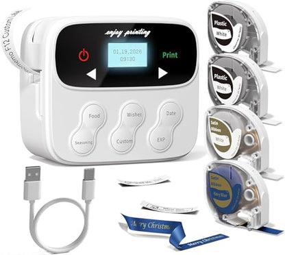 Phomemo F12 Ribbon Label Printer, Magnetic Label Maker Machine with 4 Tapes | No Typing Required, One-Click Printing, Handheld Rechargeable Backlit-LCD Screen for Home Food School Gift Wrapping Fridge - style: 1 Printer with 4 Tapes