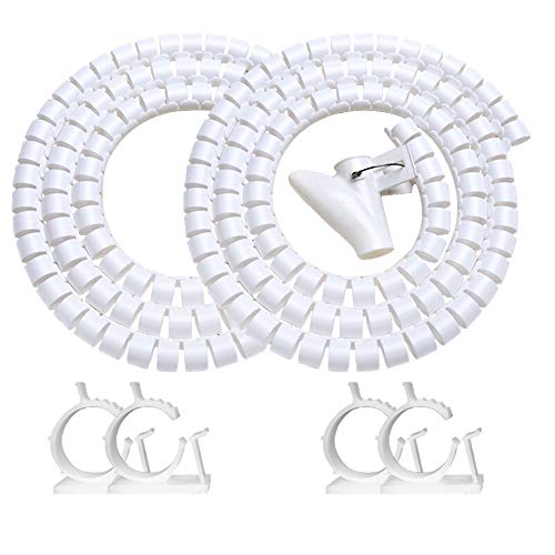 White Cable Organizer Cord Wire Cover Hider Sleeve Management 2 PCS, VIWIEU Clutter Free Coiled Tube Wire Concealer with Cable Tie Clips System for TV PC Computer Home Entertainment Wall - color: White, size: 7/8"-5ft WH 02A