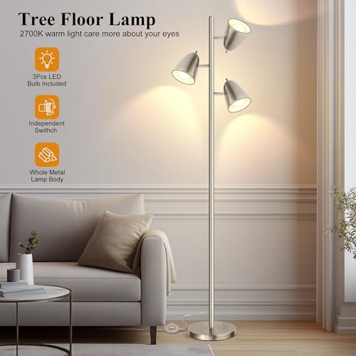 QiMH Tree Floor Lamp with 3 Light Bulbs, Standing Tall Pole Lamps for Living Room Bedroom Office, Reading Stand up Lamps with 3 Adjustable Arms,Brushed Nickel - color: Brushed Silver