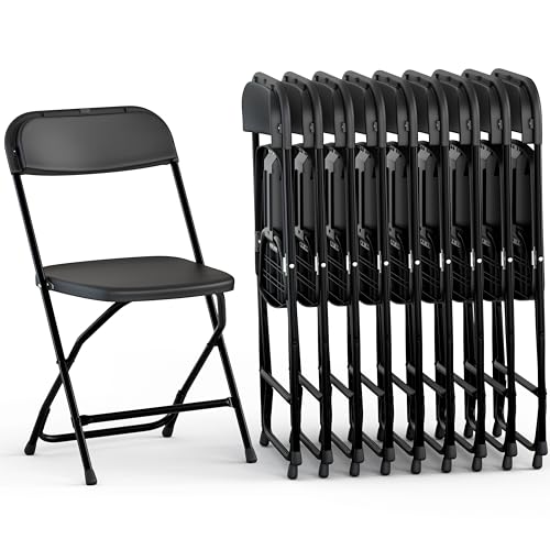 10 Pack Foldable Plastic Chair | Folding & Stackable | 350 lbs Capacity Steel Frame Seats for Indoor Outdoor | Commercial Use Events Wedding Party Bulk Picnic Kitchen Dining - Black - color: Black