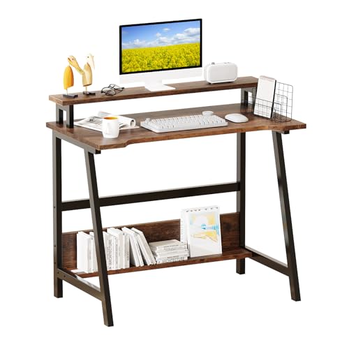 Small Desk for Small Space, 31.5" Computer Desk with Adjustable Monitor Stand, Compact Desk with Storage Shelf, Writing Study Desk for Bedroom Home Office, Pink (Brown)