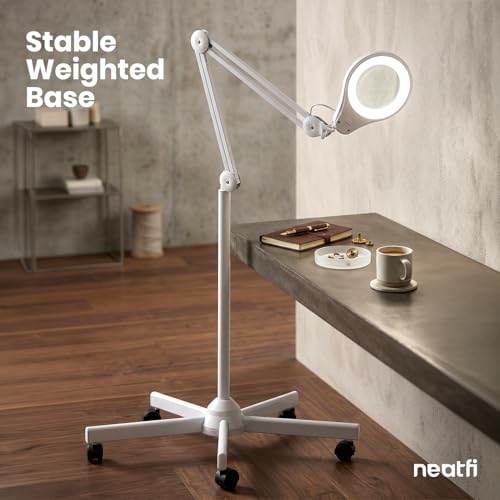Neatfi LED Magnifying Floor Lamp 1,200 Lumens – 5” Bifocal Glass Lens, Dual Magnification 2.25X + 6X, Dimmable Task Light | Adjustable Arm, Rolling Base | Reading, Crafting & Sewing (White, 5 Inches) - color: White, size: 5 Inches
