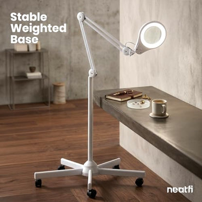 Neatfi LED Magnifying Floor Lamp 1,200 Lumens – 5” Bifocal Glass Lens, Dual Magnification 2.25X + 6X, Dimmable Task Light | Adjustable Arm, Rolling Base | Reading, Crafting & Sewing (White, 5 Inches) - color: White, size: 5 Inches