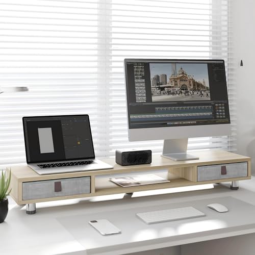 Fenge Dual Monitor Stand, 2-Tier Desk Organizer with Drawers, 42.5in, Oak - color: Oak