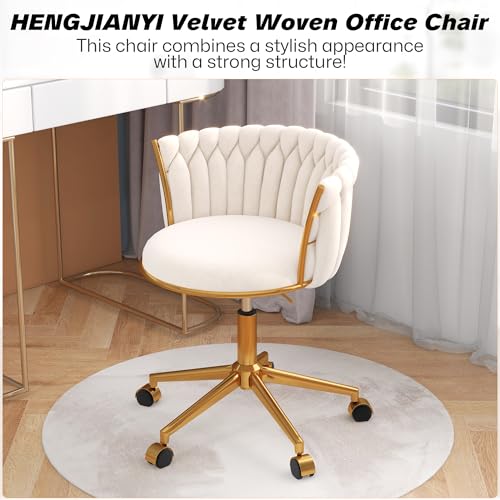 HENGJIANYI Velvet Woven Home Swivel Vanity Desk Chair with Gold Base, Beige | Modern Height Adjustable Office Chair with Metal Base and Hand Weaving Back Wheels for Bedroom Study Small Space girl women - color: Beige
