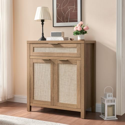 HOKYHOKY 30" Rattan Sideboard Buffet Cabinet, Boho Storage Cabinet - color: Rustic Oak, size: 30-Inch