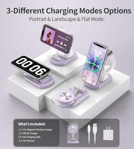 Mukiya 3 in 1 Magnetic Wireless Charging Station for Apple Devices | Fast Travel Charger Stand with Night Light for MagSafe-enabled iPhone 17 16 15 14 13 12 Series, Apple Watch/AirPods Pro, PU - color: Purple