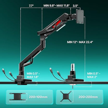 ARES WING Gas Spring Ultrawide Monitor Arm 57" 66Lbs USB VESA Dual Base | Height Adjustable & Extendable, Built-in USB Port, Standard VESA, Clamp & Grommet Base, Fits Ultrawide Monitor - style: With USB