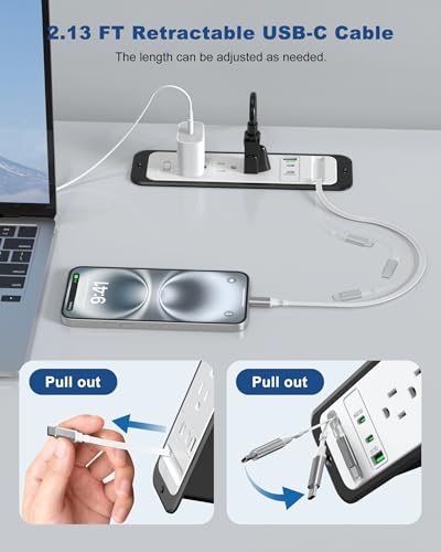 Recessed Power Strip with Retractable USB C Cable,2 PD 20W USB C,Flush Mount Countertop Drawer Outlet, Furniture Hidden Outlet for Side Table,End Table,3 Outlets (White and Black, 6FT-20W) - color: White and black, size: 6FT-20W USB