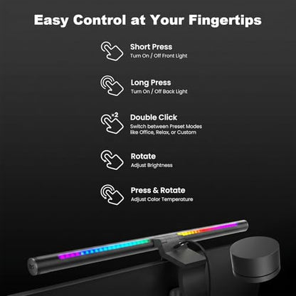 YEELIGHT Monitor Light Bar RGB Backlight, Ra98 Computer Lamp Works with Matter & Alexa for Home Office Gaming, 350LM Dimmable No Glare Eye-Care LED Screen Bar, USB Desk Lamp Stepless Dimming - color: Black
