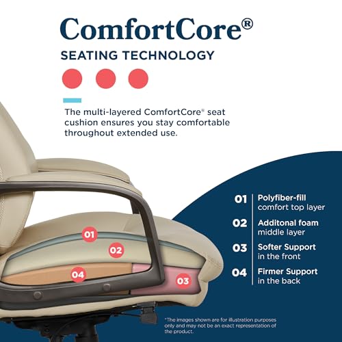 La-Z-Boy High-Back Ergonomic Office Chair, AIR Lumbar Support Leather Chair | Nova, 350lb Capacity Executive Task Chair, Padded Headrest & Arms, Layered Foam Seat Cushion, Swivel, Back Pain Relief, Cream - color: Cream