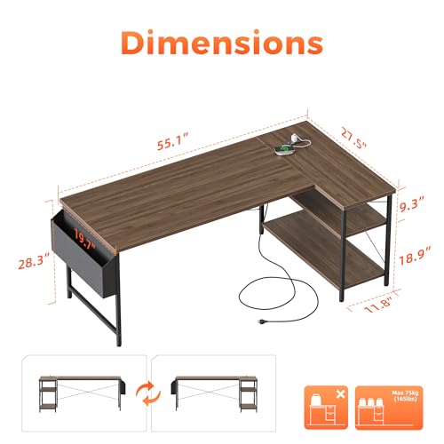 Mericonia 55 inch L Shaped Gaming Desk, Large Corner Desk with Shelves - color: Walnut, size: 54 inch