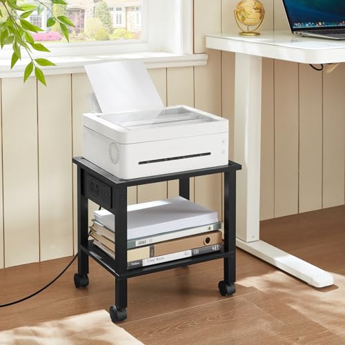 YUFAM 2 Tier Under Desk Printer Stand with Charging Station, Black - color: Black, size: 11.8"D×15.7"W×15.3"H(With USB)