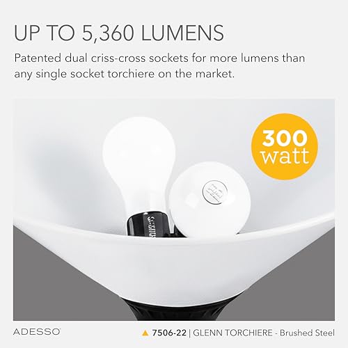 Adesso Dual-Socket Floor Lamp, Brushed Steel & White, 3-Way, 71” - color: Brushed Steel