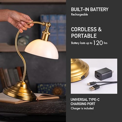 O'Bright Bankers - Cordless LED Table Lamp, Battery-Operated, Rechargeable, 3-Level Dimming, Universal USB-C Charging, 180° Swivel Head, White Jade Glass Shade, Antique Brass - color: Antique Brass-White Glass