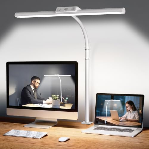 LED Desk Lamp for Home Office, Flexible Gooseneck Desk Lamp with Clamp, 5 Color Touch Control Stepless Dimming Adjustable Eye-Caring Desk Light with Adapter for Reading, Study, Workbench (White) - color: White