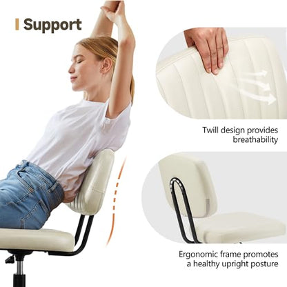 Armless Office Chair, Swivel Rolling PU Leather Vanity Chair with Back Lumbar Support Height Adjustable Computer Chair, Small Desk Chair for Home Office (Beige White) - color: Beige White