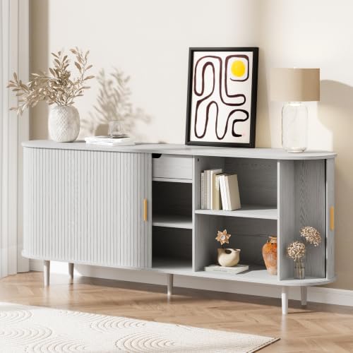 71" Sideboard Buffet Cabinet with Storage,Large Credenza with Sliding Doors and 1 Drawer,Mid Century Modern Coffee Bar Cabinet with Adjustable Shelves for Dining Room, Kitchen, Living Room (White) - color: Grayish White, size: 71 Inch