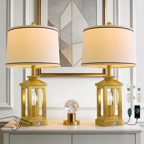 Modern Table Lamps Set of 2 for Living Room 23.75" Bedroom Nightstand Lamps | Touch Lamps with Three-level Dimming Nightlight, Bulbs Included, USB Charging Ports, Gold Modern Bedside Side Table Lamp - color: Metal Gold