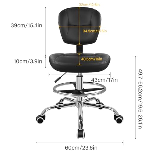 WKWKER Drafting Chair with Back Footrest Adjustable Office Chair (Black) | Drafting Stool with Backrest Adjustable Task Chair Armless Swivel Universal Chair for Lab Kitchen Salon Bar Counter Studio