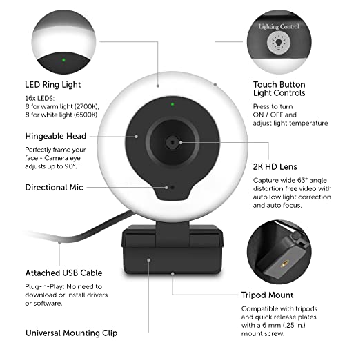 Aluratek 2K HD Ring Light Webcam with Auto Focus w/Tripod - style: AWCL2KFR
