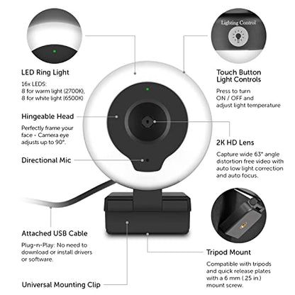 Aluratek 2K HD Ring Light Webcam with Auto Focus w/Tripod - style: AWCL2KFR