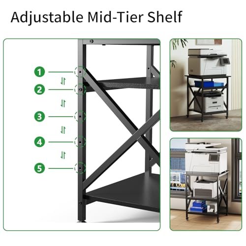 3 Tier Printer Stand, Large 23.6"x23.6" Printer Table with Wheels | 3d Rolling Printer Cart with Height Adjustable Storage Shelf,Fit printer/fax/3d/scanner for Home Office, Black - color: Black