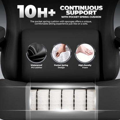 GTPLAYER Big and Tall Gaming Chair 400lbs Heavy Duty Office Chair with Footrest, High Back Pocket Spring Ergonomic Computer Chair for Adults, Wide Seated Cushion with Linkage Armrests, Leather Black - color: Dark Black