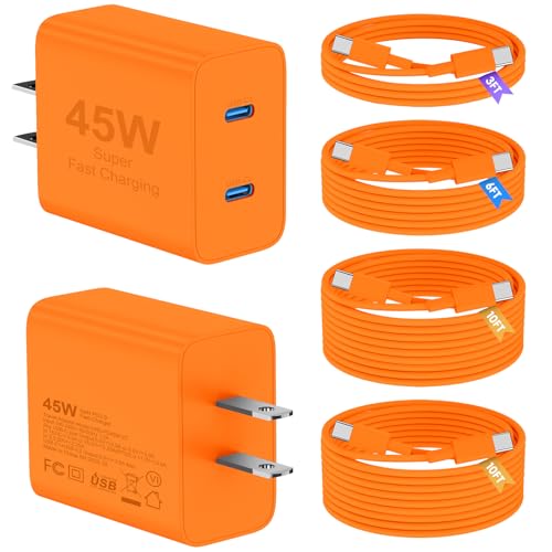 Super Fast Samsung Charger Type C, 2 Pack 45W Dual Port USB C Fast Charger - color: Orange, size: 2pack-(3+6+10+10)ft