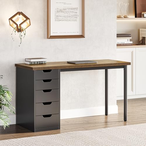 LITTLE TREE Computer Desk with 5 Drawers, 47 Inch Modern Simple Study Writing Desk with Metal Frame, Work Desk for Home Office, Rustic Brown and Black - color: Rustic Brown and Black