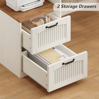 Farmhouse L Shaped Desk with Drawers & Printer Shelf for Home Office - color: Brown and White