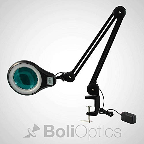 ESD Safe (Glass Lens) Professional LED Magnifying Lamp with Clamp (8 Diopter, 3X) Work Light, 4 Brightness Levels, Daylight Bright, 1200 Lumens, 5600K-6000K, Matte Black, BoliOptics MG16303322