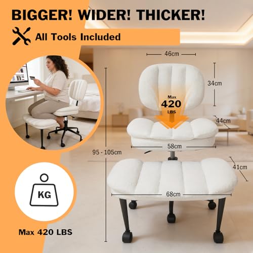 Criss Cross Chair with Footrest, 360° Swivel Faux Shearling Office Chair, Extra Wide Seat with Sofa-Like Comfort, Ergonomic Cross Legged Desk Chair for Cozy Reading, Meditation - color: Wool