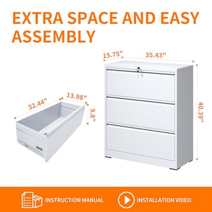 3 Drawer Lateral File Cabinet with Lock,White Metal Filing Cabinet - color: White, size: 40.4"H-3 drawers