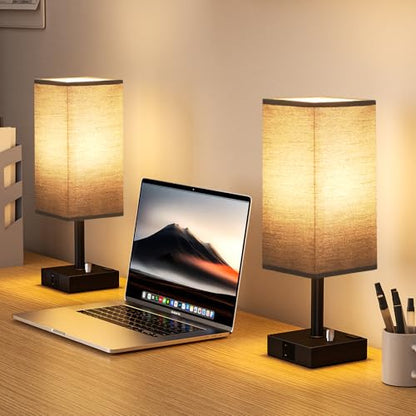 Black Bedside Table Lamps Set of 2 - Dimmable, USB C+A, 2 AC Outlets | Stepless Dimmable by Rotary Knob, 3000K LED Bulbs Included, Square Black Linen Shade, Nightstand Lamp for Living Room, Desk - color: Black