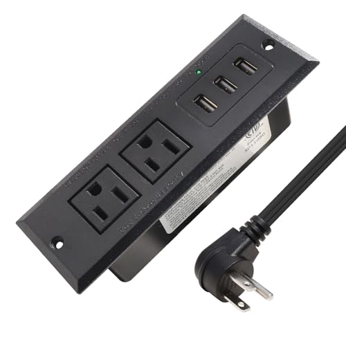 Desktop Recessed Power Strip with USB Flush Mount Power Socket 2 Outlets 3 USB Ports (15W/3A) Flat Plug Charge Station for Table Cabinet Sofa Counter - color: Black