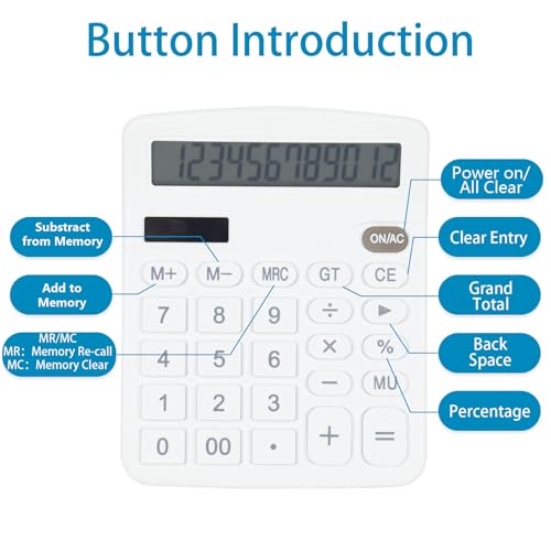 Marte Vanci 12-Digit Desk Calculator with Solar & Battery Power - color: White